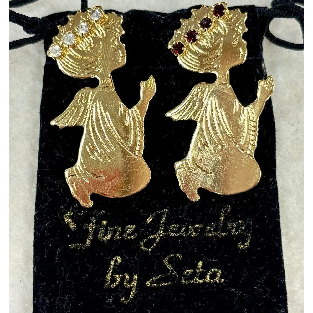 Vintage Seta Birthstone Angel Brooch Pins January Garnet April Rhinestone Pair